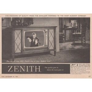 Vintage 1961 Zenith Television Print Ad Mid Century Modern Television Console
